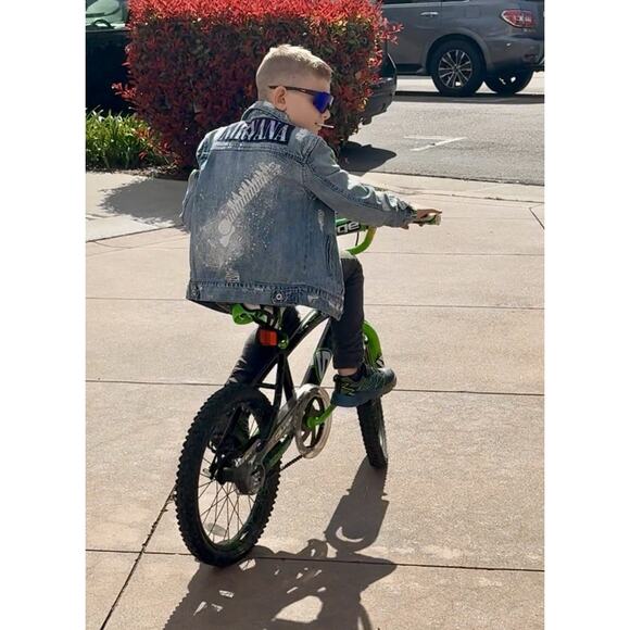 NIRVANA 90s Guitar Upcycled Distressed Denim Jacket Retro Vintage Kids Size M - Picture 1 of 11